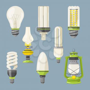 Different bulbs. Symbols of light in cartoon style. Vector illustration set of lightbulb isolated