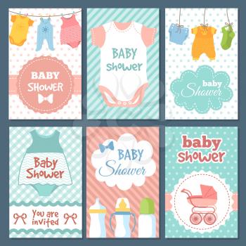 Labels or cards for baby shower package. Vector funny illustrations for kids. Card baby shower invitation, vintage retro cartoon poster collection