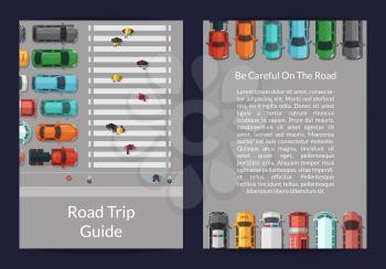 Vector cars on the road with people on pedestrian zone top view card or flyer template banner and poster illustration