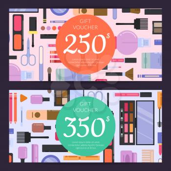 Vector gift card vouchers for beauty products with flat style makeup with circles with place for text isolated on dark background illustration