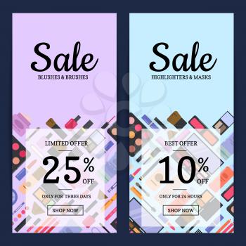 Vector sale banners for beauty shop with makeup and skincare in flat style backgrounds with transparent rectangles with place for text illustration