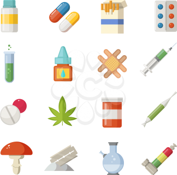 Pharmacy illustrations. Different drugs in cartoon style. Narcotic and painkiller in container, tablet antibiotic vector