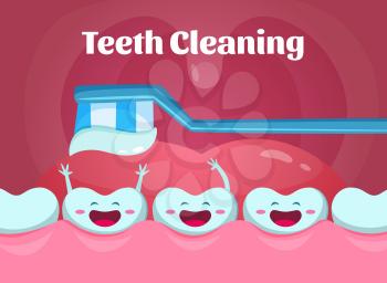 Cartoon illustrations of cute and funny teeth in mouth. Dental poster with toothbrush. Health tooth hygiene, toothbrush and toothpaste vector
