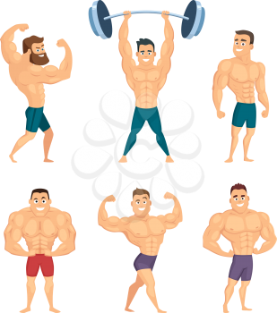 Cartoon characters of strong and muscular bodybuilders posing in different poses. Bodybuilder muscular and strong, character athlete, vector illustration