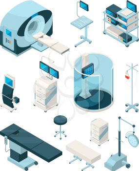 Different hospital equipment. Medical tables and other devices. Equipment for hospital, medicine technology, healthcare and monitoring, vector illustration
