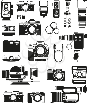 Video and photo cameras and different professional accessories. Vector monochrome illustrations. Camera photo and video, equipment digital flash and tripod illustration