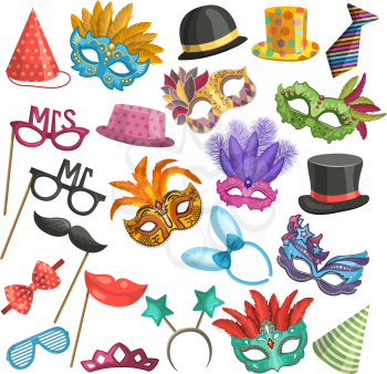 Different elements for carnival. Funny masks for masquerade. Vector illustrations in cartoon style. Masquerade mask, festival and carnival costume