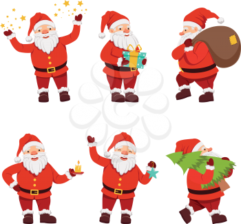 Christmas characters collection of cute santa in different action poses. Santa claus characterin red costume, vector illustration