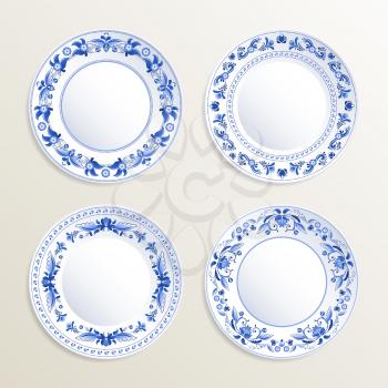 Vintage plates painted at gzhel style. Vector pictures of russian dishes. Illustration of vintage gzhel plate floral