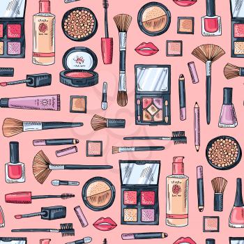 Vector hand drawn makeup products pattern or background collection illustration