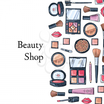 Vector hand drawn makeup products background with place for text illustration