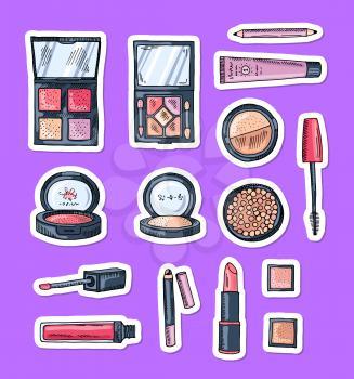 Vector hand drawn makeup elements stickers isolated on dark background illustration