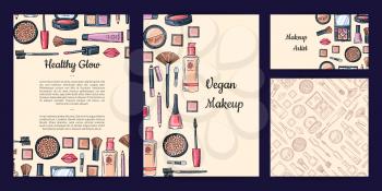 Vector beauty or makeup brand identity set with flyer or card, business card templates and pattern with hand drawn makeup products illustration