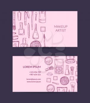 Vector business card template for beauty brand or makeup artist with monochrome hand drawn sketched makeup background illustration