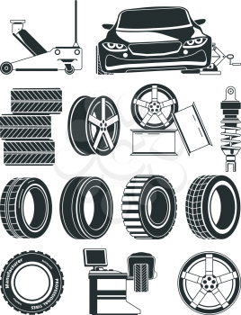 Monochrome illustrations of tires service symbols, wheels and cars. Auto service repair tire, station vulcanization vector