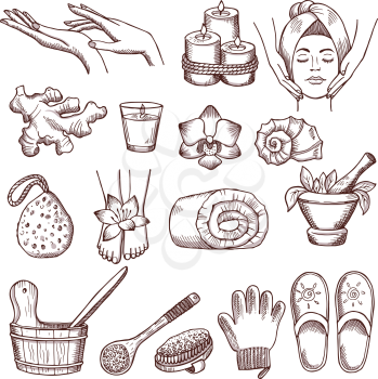 Doodle pictures set for relaxing or massage spa salon. Aromatherapy illustrations. Aromatherapy and spa for wellness and relax vector