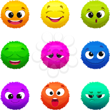 Funny colored furry emoticons. Cartoon characters with different emotions. Furry funny smile mascot collection illustration