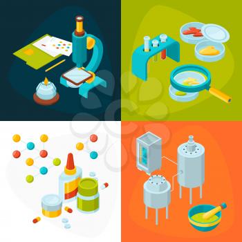Concept pictures set of medicine and pharmacology industry. Pharmacy technology, medical and chemistry experiment, vector illustration