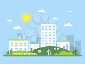 Ecosystem concept picture of urban landscape. Alternative energy solar and wind. Vector illustration