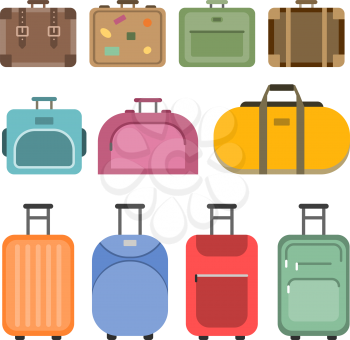 Different handle bags and travel suitcases. Pictures in flat style. Set of colored luggage and suitcase, baggage and bag for trip and tourism. Vector illustration