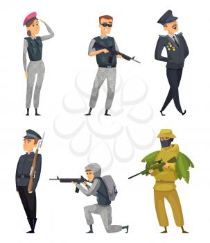 Military soldiers with various weapons. Vector characters with gun, woman warrior illustration