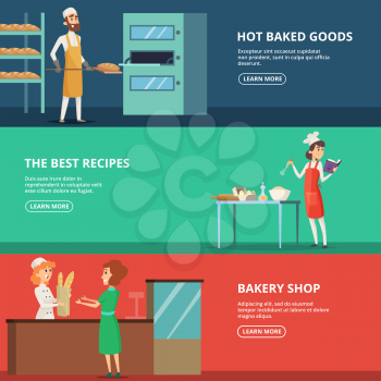 Horizontal banners of various characters bakers at work. Baker job character, cook bakery, vector illustration