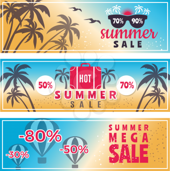Summer sale banners. Horizontal advertising banners with palm trees. Discount price flyer, promotion shopping poster, vector illustration