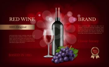 Wine poster advertising. Realistic pictures of grapes and wine. Illustration of wine bottle alcohol with glass realistic, poster advertising promotion vector