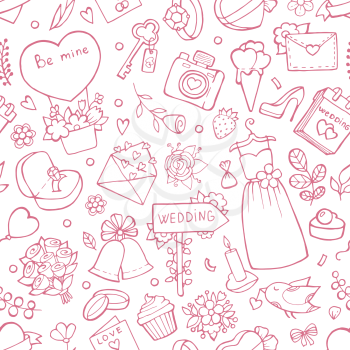Wedding seamless pattern. Vector background with wedding symbols. Background love marriage, bouquet and heart illustration