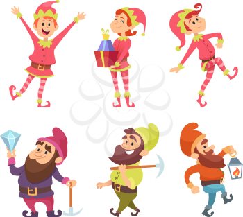 Dwarves and elves. Funny fairytale characters in dynamic poses. Vector elf and gnome, dwarf character figure illustration