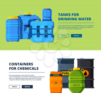 Banners with barrels. Various horizontal banners template with illustrations of different water and oil tanks. Vector barrel oil and water drinking cask