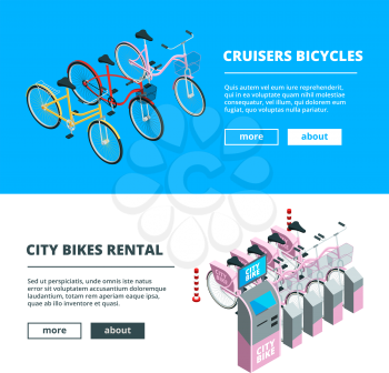 Banners with bikes. Pictures of 3D isometric bicycles. Bike rent poster, bicycle transport service, vector illustration