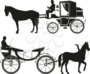 Vintage carriages with horses. Vector pictures of retro fairytale transport. Illustration antique carriage, stagecoach with coachman black silhouette
