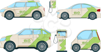 Electric cars. Various cartoon eco cars isolate. Illustration of eco automobile, electric car transportation vector