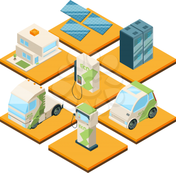 Station of electric machines. Isometric 3d landscape with eco cars. Electricity station for car, eco solar battery platform, vector illustration