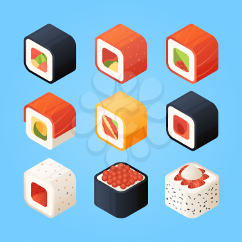 Sushi isometric. Various rolls sushi and other authentic asian food. Vector japanese food, seafood menu isometry 3d illustration