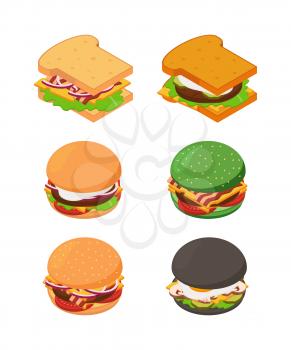 Isometric burgers and sandwich. Fast food pictures set of hamburger and cheeseburger. Vector illustration