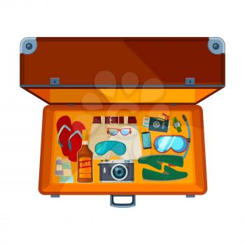 Open suitcases. Illustration of open suitcase with various clothes for vacation. Travel suitcase for vacation holiday, open box for journey trip vector
