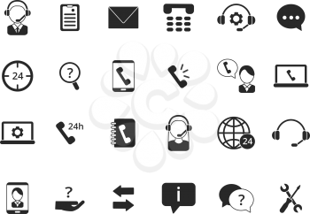 Black symbols of online support. Icon set of call center isolate on white. Service online phone, support customer icon. Vector illustration