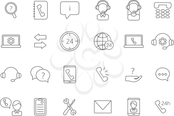 Call center support icons. Vector linear symbols isolate on white. Illustration of helpline linear, microphone and support customer