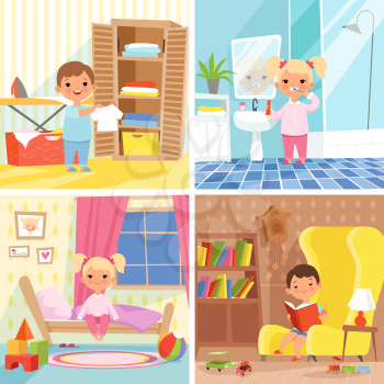 Daily routine. Various situations of time in day. Daily child routine, morning life activity, boy and girl situation every day illustration