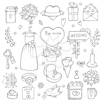 Various wedding day symbols. Vector hand drawn illustrations of wedding. Doodle collection drawing for decoration invitation