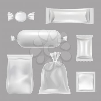 Plastic bags. Polyethylene food packages. Vector realistic pictures. Illustration of plastic pack, container packaging polythene cellophane