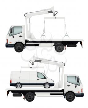 Evacuator car. Vector realistic cars, evacuators. Evacuate auto vehicle, evacuation automobile illustration