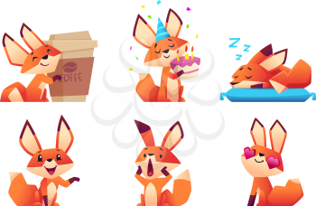 Cute fox character collection. Wild orange animal at forest in various funny pose and emotions vector mascot design. Illustration of fox character wildlife, mascot friendly