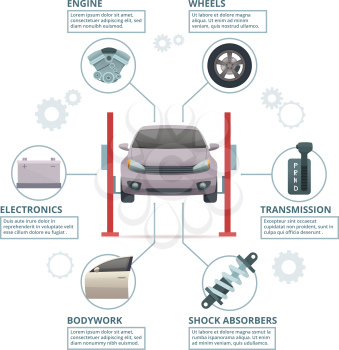 Car repair infographic. Auto industry parts automobile tuning transmission wheels engine shock absorbers. Vector technician pictures. Automobile engine, transmission auto tuning service illustration
