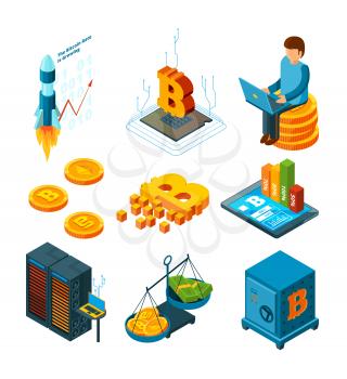 Crypto currency business. Digital ico startup at blockchain finance company globe crypto coins mining vector isometric icon. Cryptocurrency ico startup, farm device, blockchain isometric illustration