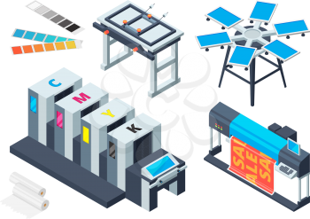 Print house machine. Digital laser printer inkjet plotter various printing tools vector isometric pictures. Printer technology, device print equipment illustration