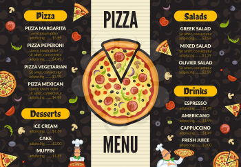 Pizzeria menu template. Italian kitchen cuisine food pizza ingredients cooking lunch and desserts vector background. Pizza menu, pizzeria with dessert and salad illustration