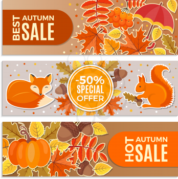 Banners of autumn sales. Autumn leaves, squirrel, fox and acorns vector illustrations for discount horizontal banners design. Autumn discount banner, price offer promotion